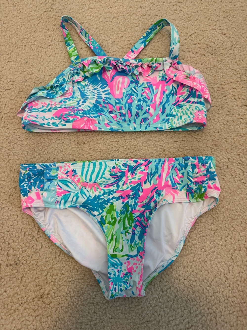 Lilly Pulitzer Girls' Ruffle Bikini Top & Bottom in Pink, Blue & Green